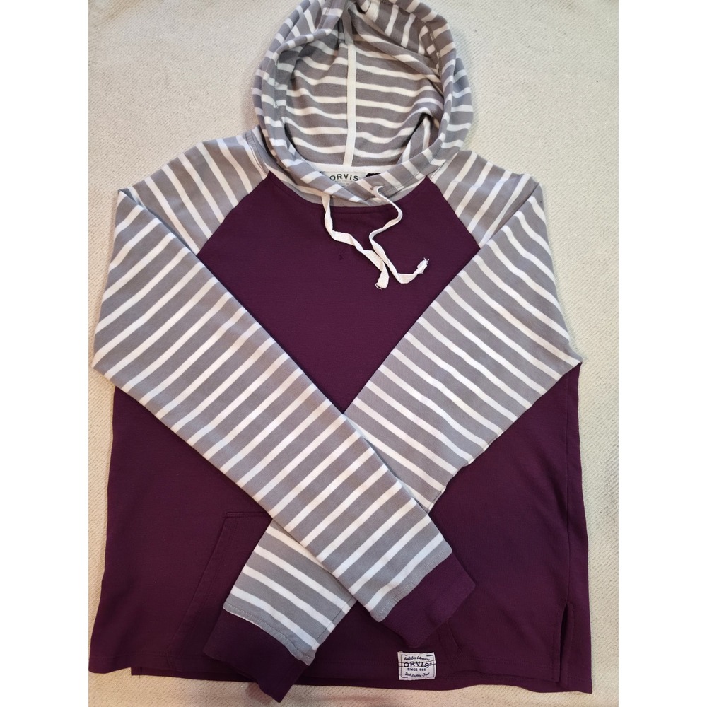 Orvis Womens Plum Purple Striped Raglan Sleeve Hoodie Sweatshirt Size S